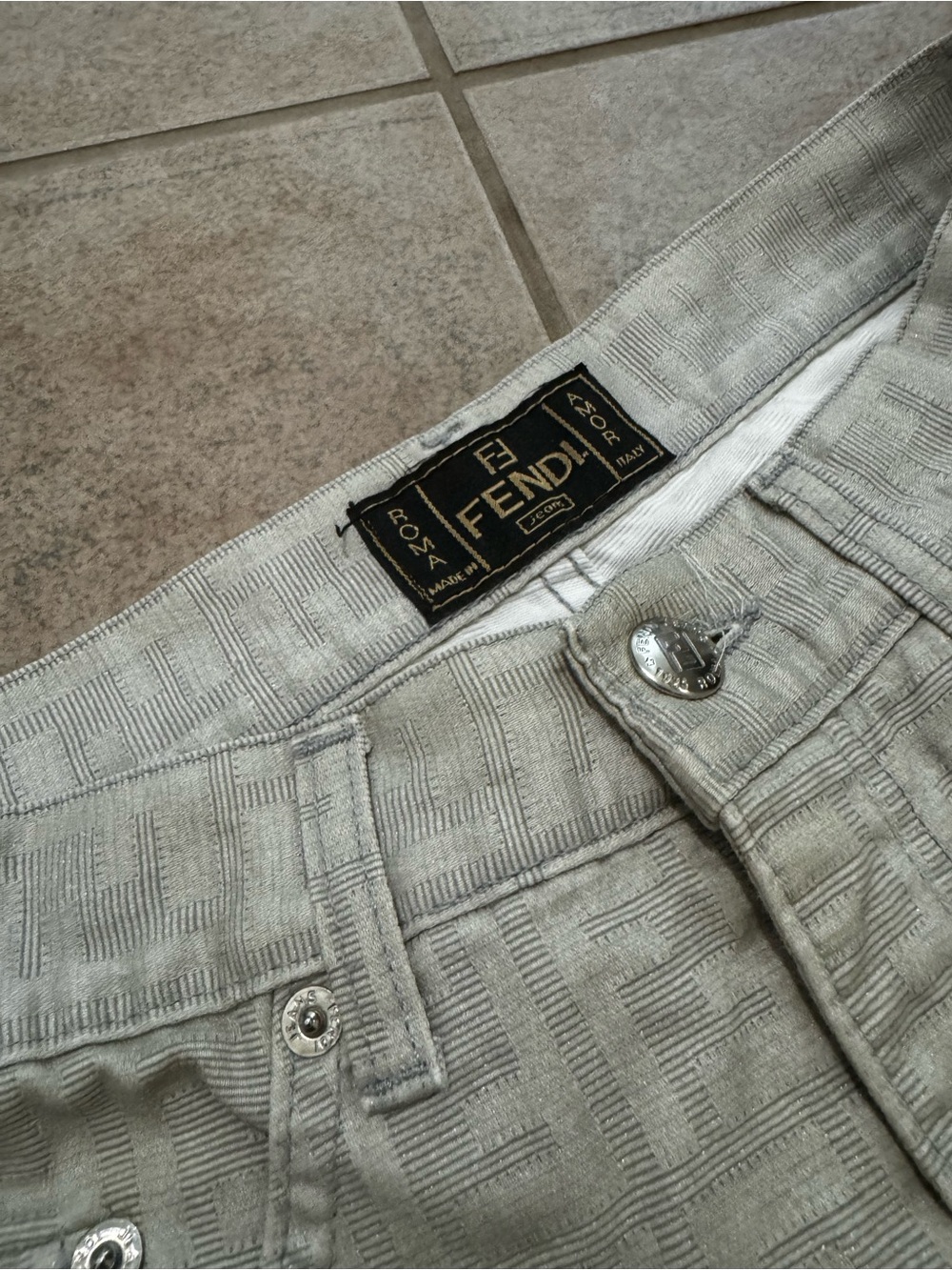 Vintage Fendi Light Gray Embossed FF High-Rise Jeans